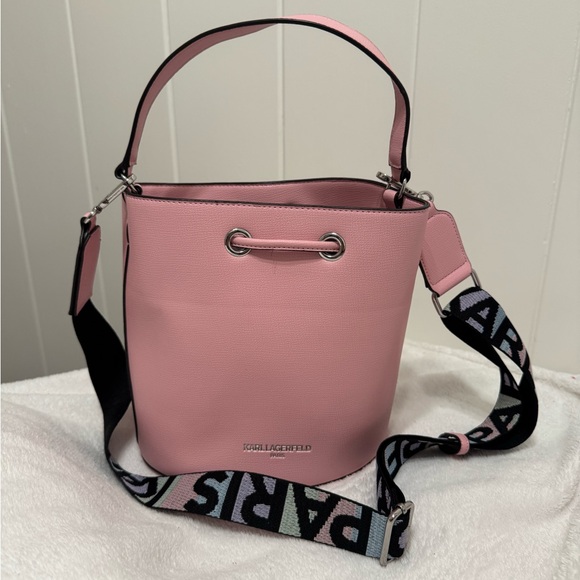Karl Lagerfeld Paris Blush Pink Drawstring Bucket Handbag - Picture 3 of 10